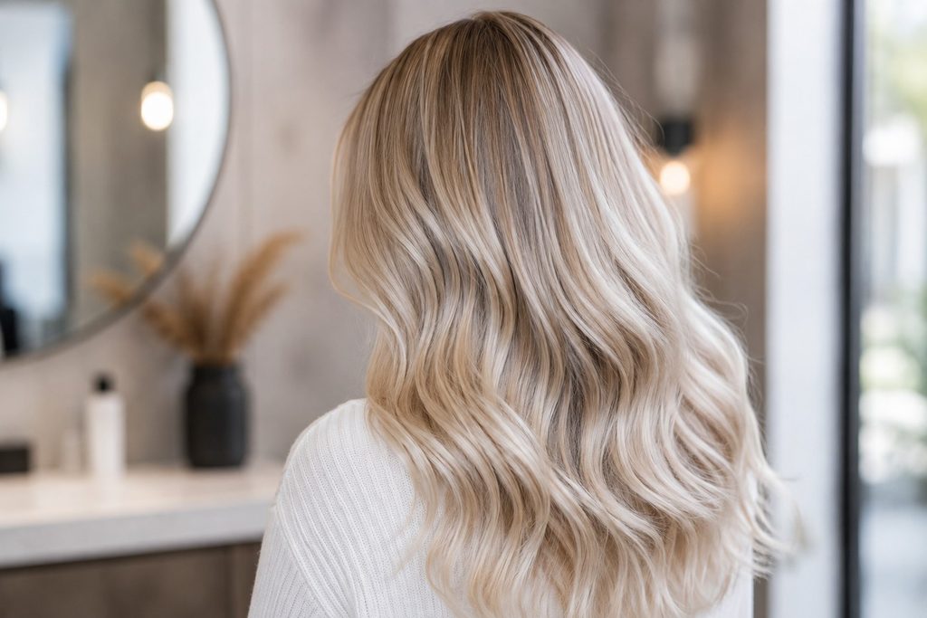 vrouw achterkant blond grijs haar