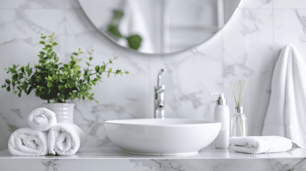 Badkamer handdoeken wasbak spiegel skincare