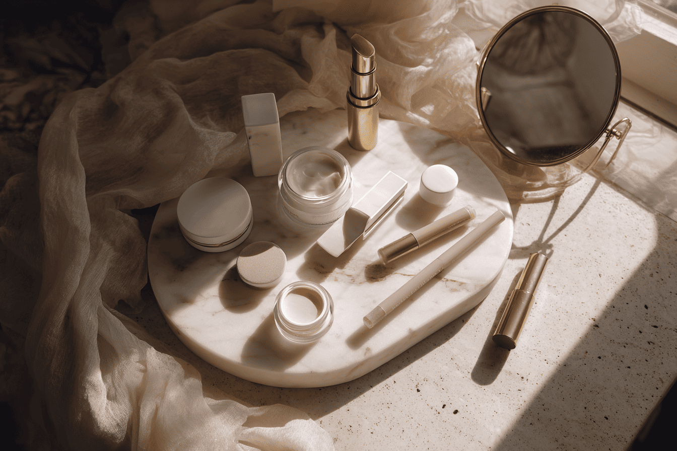 Beautyfoto met skincareproducten, lipsticks en lipgloss op een marmeren tafel.