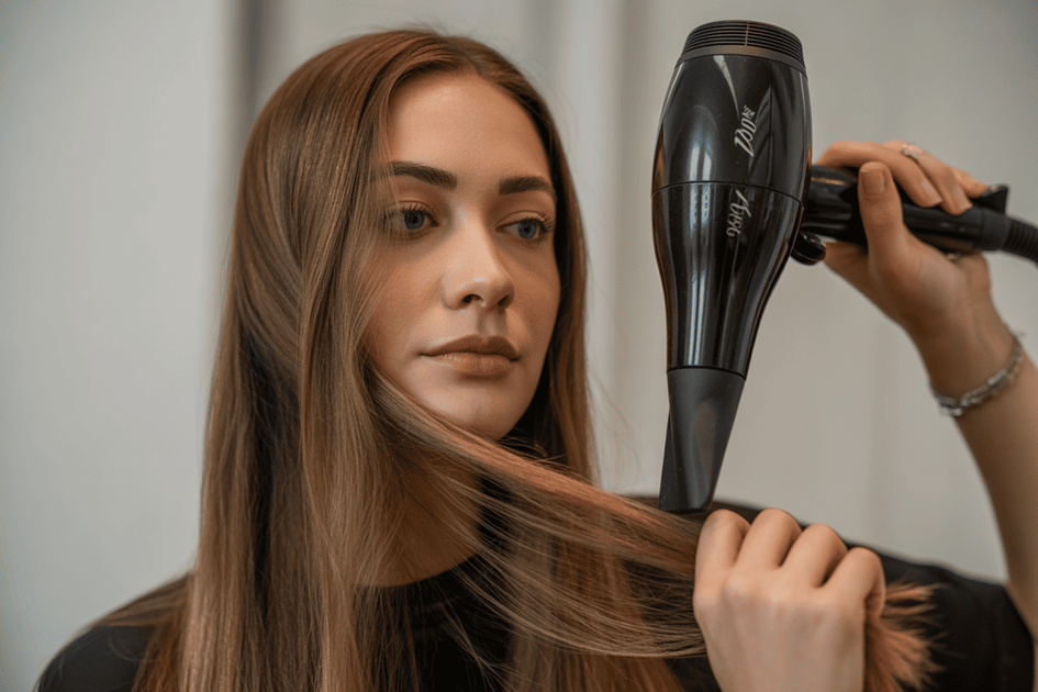 Close-up van vrouw die haar haar föhnt