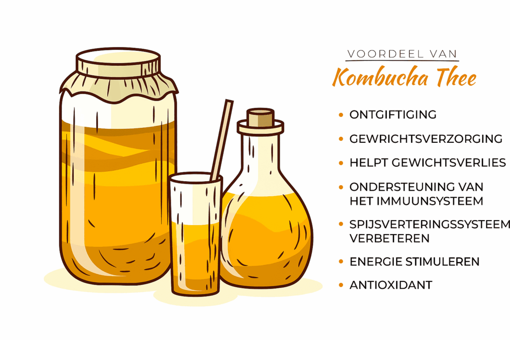 Illustratie van kombucha met opsomming van gezondheidsvoordelen zoals detox en immuunboost.