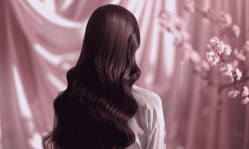 vrouw met golvend haar voor roze achtergrond met bloemen