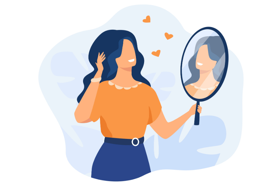 illustratie vrouw spiegel hart oranje shirt 