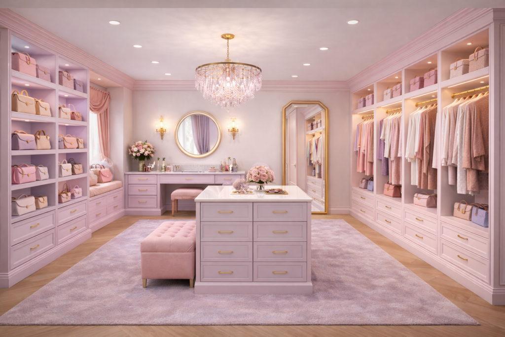 Elegante roze inloopkast met kristallen kroonluchter, tassenwand en georganiseerde kledingrekken in zachte tinten