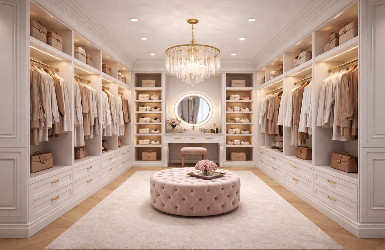 Stijlvolle en symmetrisch ingerichte inloopkast met beige kleding, tassen en een make-uphoek