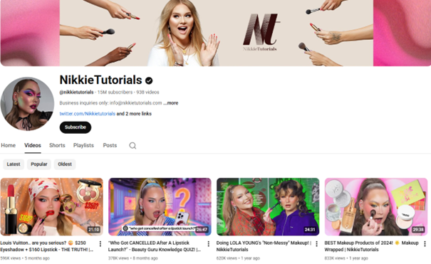 YouTube pagina video's NikkieTutorials
