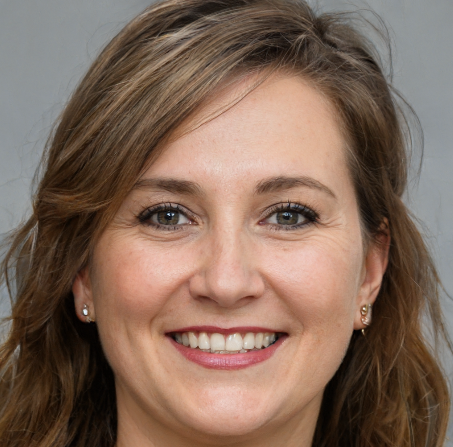 vrouw met donkerblond haar en lach