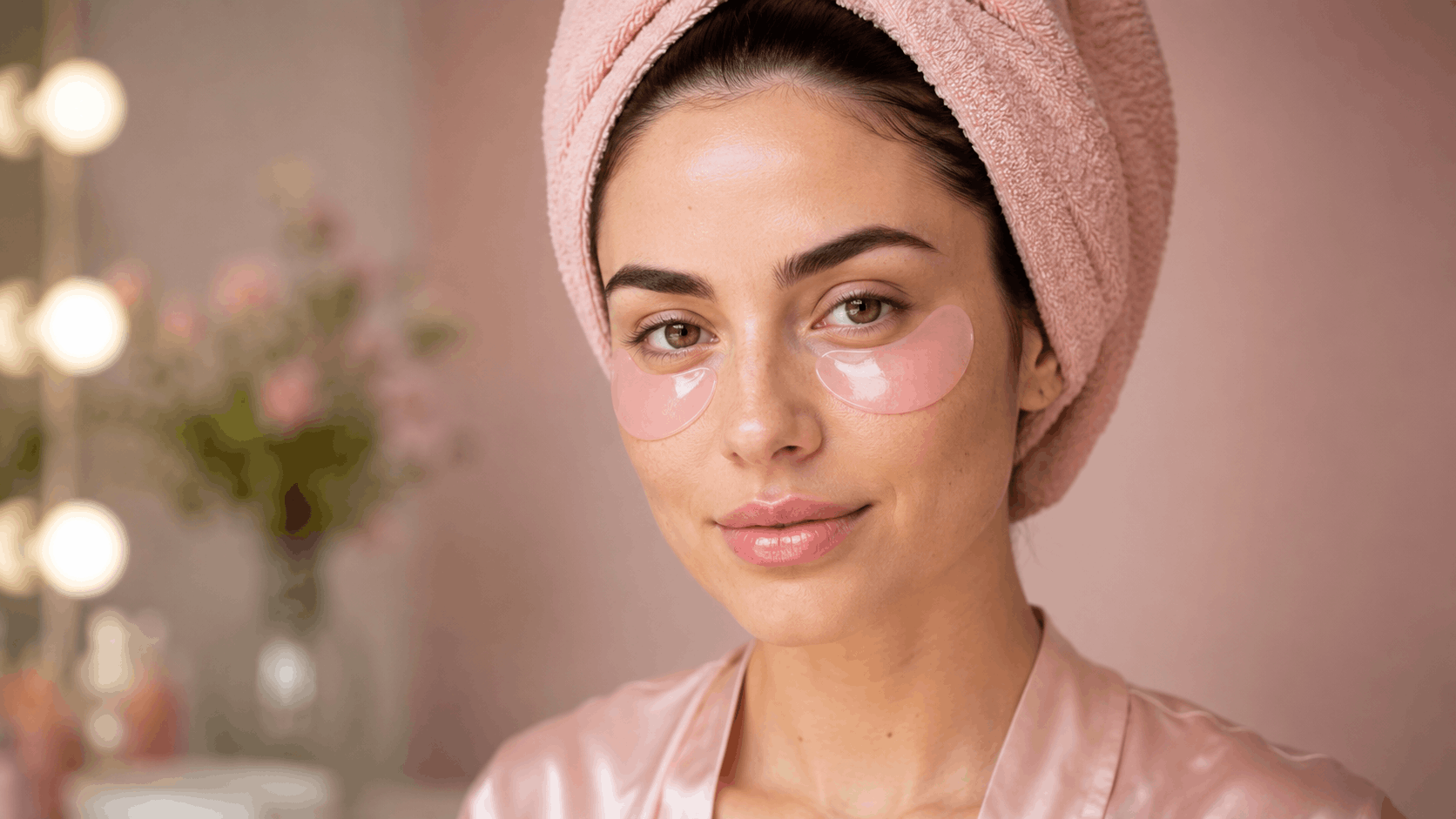 vrouw badjas handdoek om haar beste eye patches voor donkere kringen