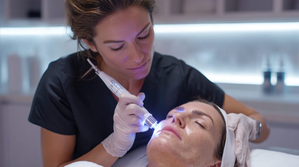 Professionele huidbehandeling gericht op het verminderen van acne littekens en huidoneffenheden.