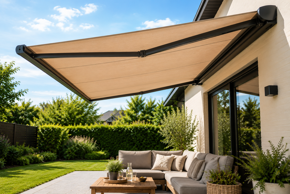 Modern terrasscherm boven een terras met loungeset dat zorgt voor schaduw en comfort in een zonnige tuin