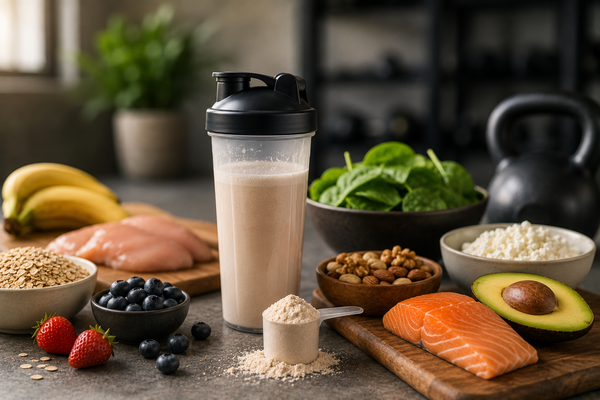 Proteïneshake met gezonde eiwitrijke voeding zoals zalm, kip, havermout, noten, avocado en fruit op een keukentafel