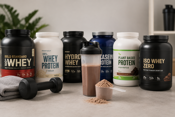 Verschillende proteïnepoeders, een eiwitshake en fitnessaccessoires op een tafel voor spieropbouw, herstel en een gezonde leefstijl