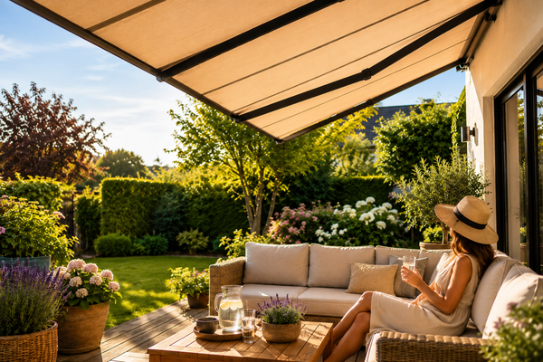 Vrouw ontspant onder een terrasscherm op een zonnig terras en geniet van schaduw in een groene tuin tijdens een warme zomerdag