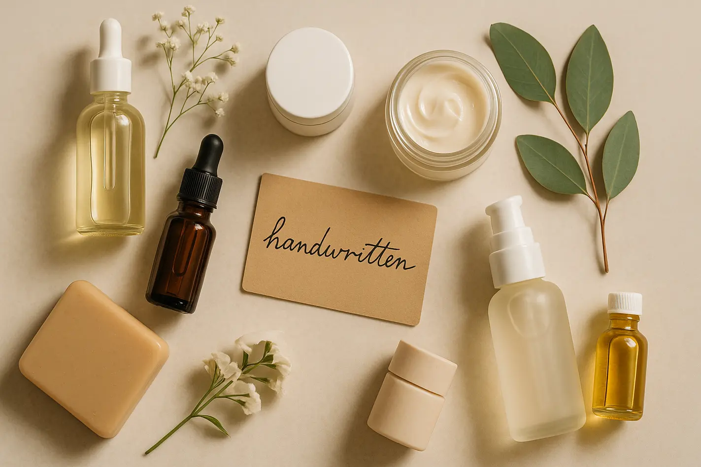 # Beschrijving (100 tekens): Luxe beautyproducten in flat lay met natuurlijke ingrediënten, warme verlichting en persoonlijke touches. Authentiek en toegankelijk design dat B2C marketing en directe klantverbinding uitstraalt.