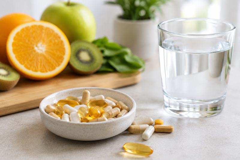 Gezonde ochtend met vitamines en fruit