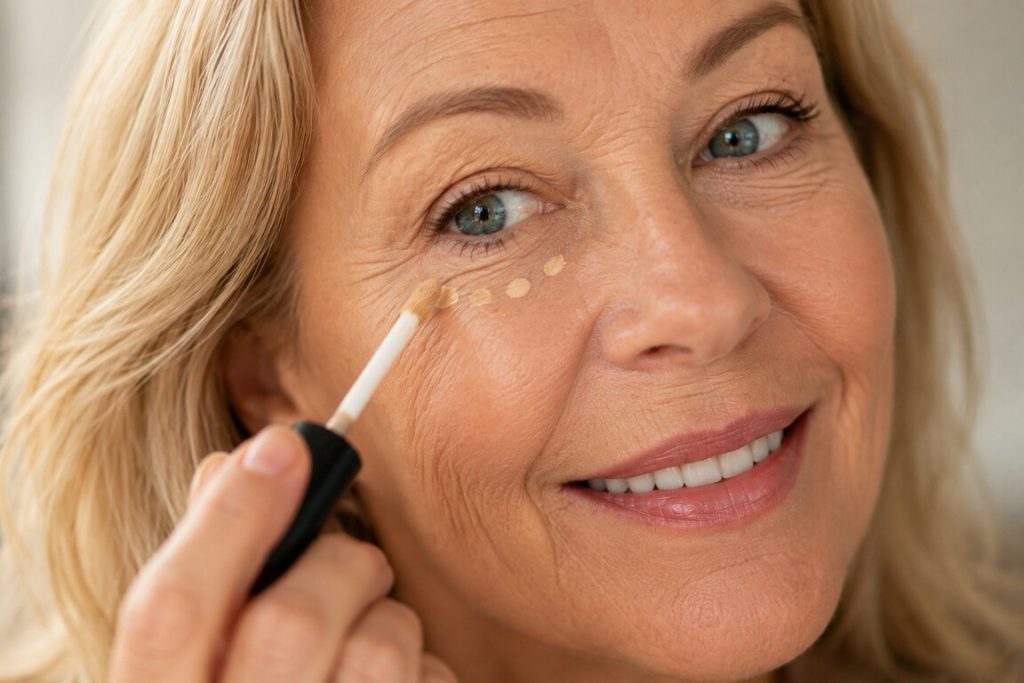 vrouw blond haar concealer voor oudere huid 