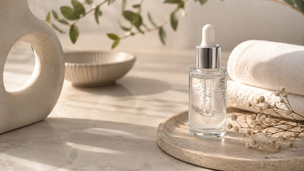 beige tinten vaas kom droogbloemen oogserum flacon