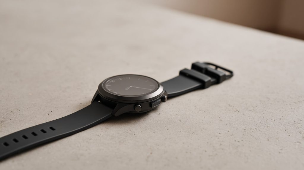 Smartwatch met zwart siliconen sportbandje ligt losjes op een betonnen ondergrond, met de gesp goed zichtbaar naast het horlogekastje