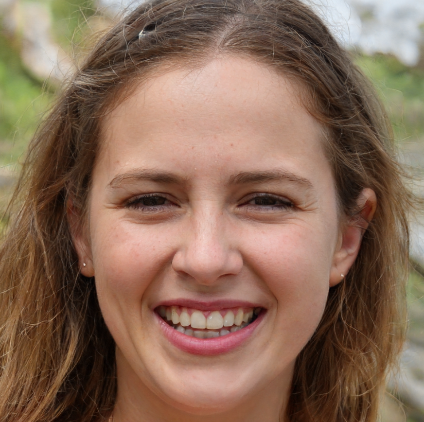 vrouw met donkerblond haar en lacht