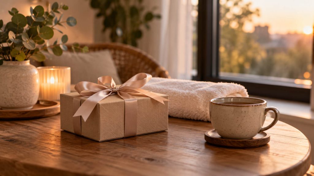 Cadeaudoosje met satijnen strik op een houten tafel naast een opgerolde handdoek, kaars en kop thee bij zonsondergang