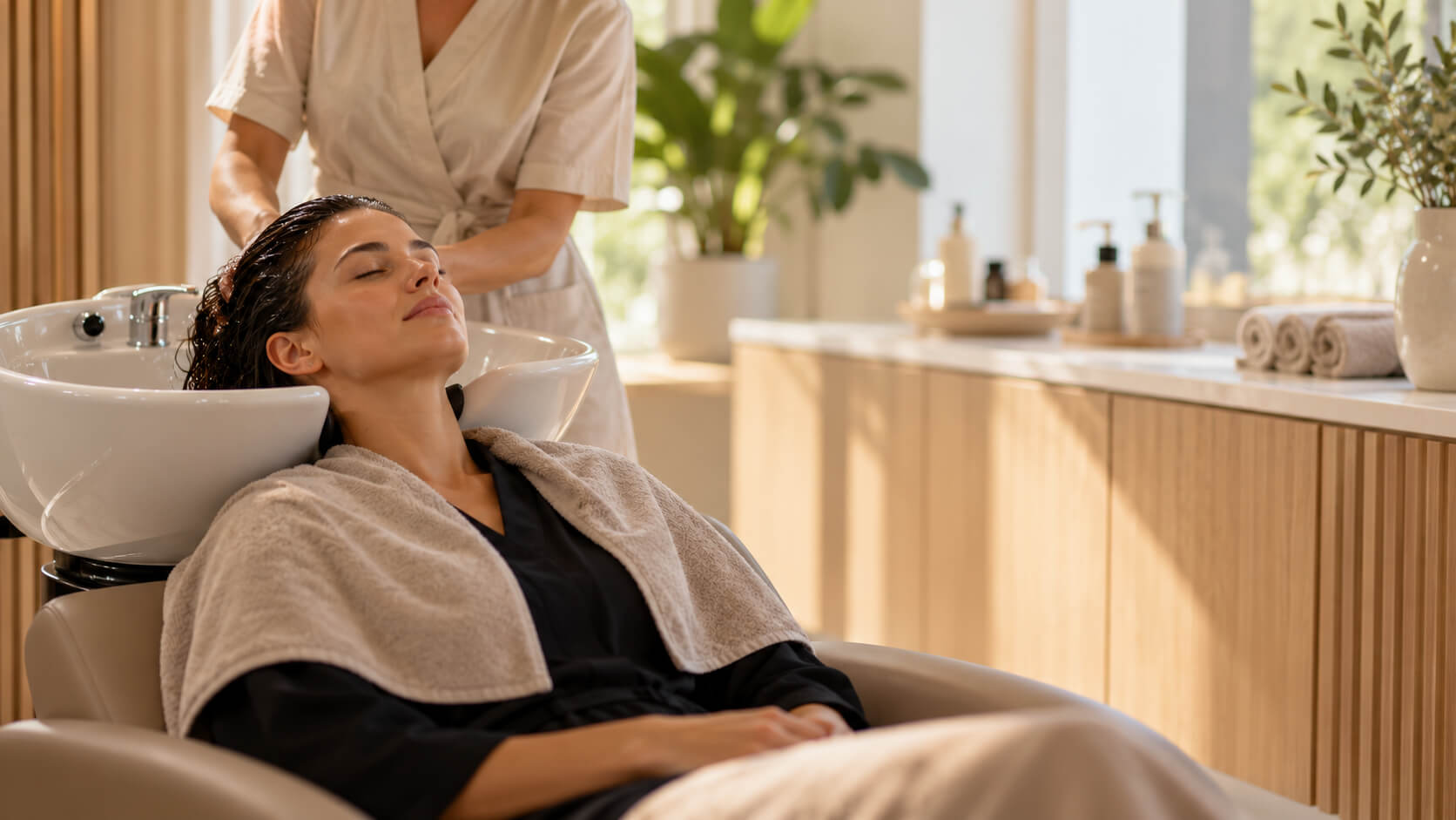 Vrouw met gesloten ogen ontspant bij de wasbak terwijl een behandelaar haar haren en hoofdhuid verzorgt in een rustige salon