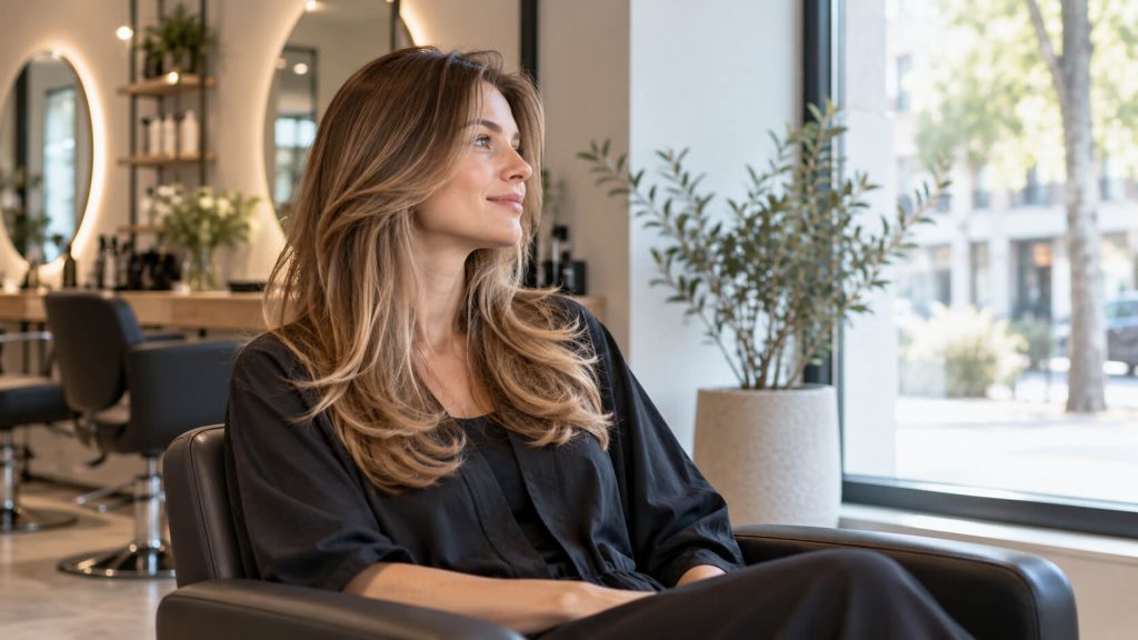 Lachende vrouw met lang, gelaagd haar zit ontspannen in een kappersstoel en kijkt door het raam van de salon