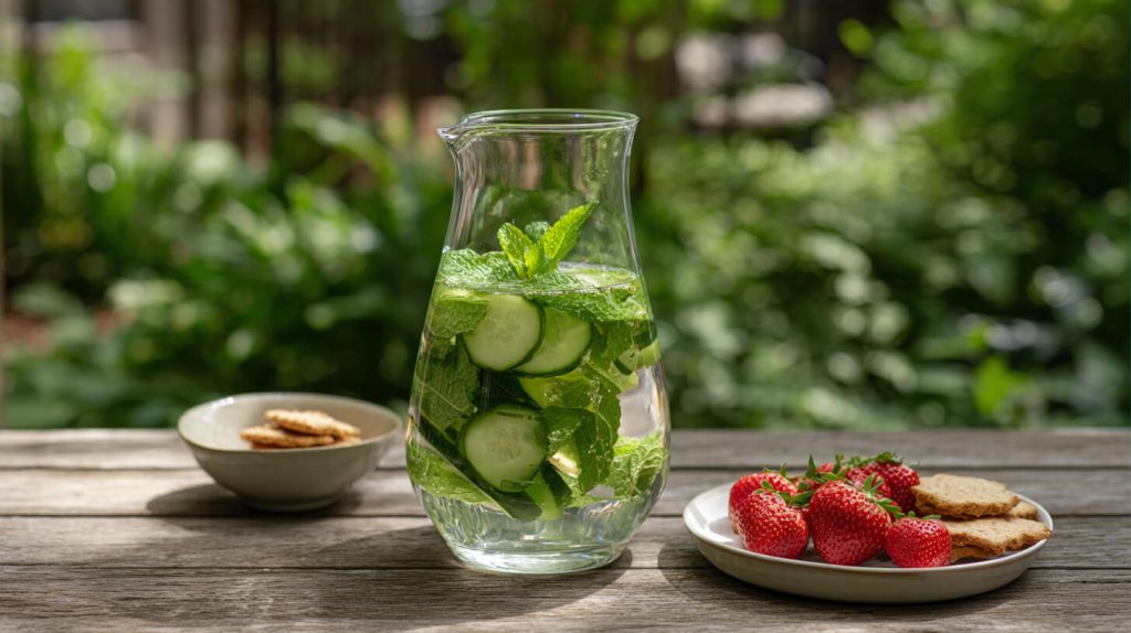 Glazen karaf met komkommer-muntwater naast aardbeien en crackers op een houten tuintafel in de zon