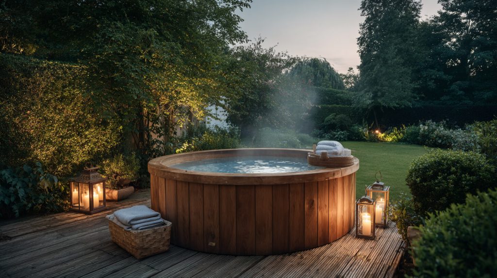 Rond houten buitenbad met dampend water op een vlonder in de tuin, omringd door kaarslantaarns in de schemering
