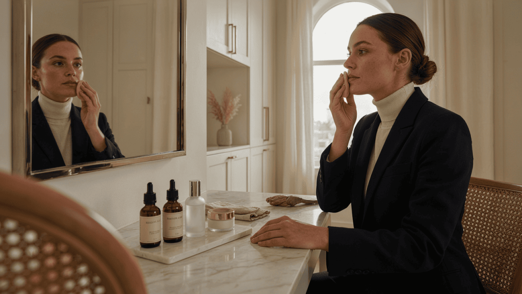 Vrouw brengt natuurlijke make-up aan voor een zakelijke werkdag