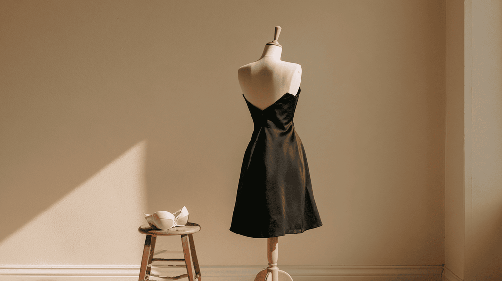 Zwarte jurk met open rug op een paspop naast een strapless bh op een houten krukje